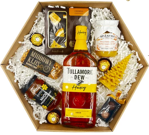 Zestaw prezentowy z Tullamore Dew Honey, miodem wielokwiatowym i konfiturą.